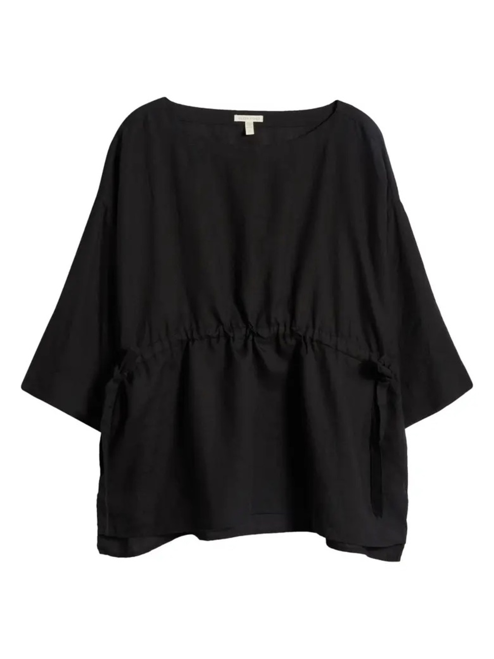 Eileen Fisher Black Linen Blend Top XL 3/4 Sleeve Tie Relaxed Boho